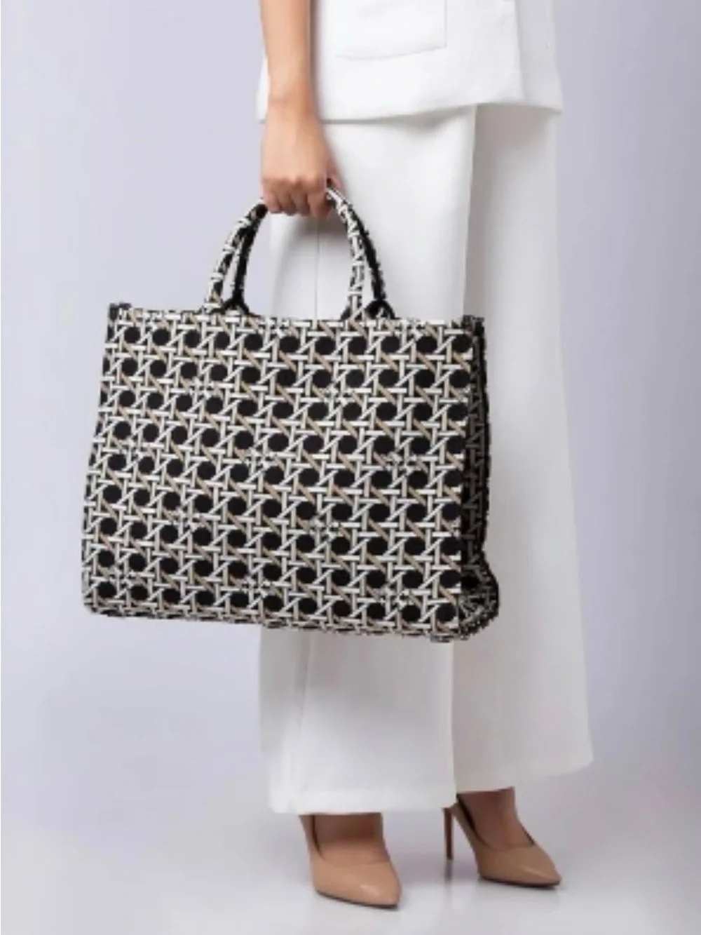 Tory Burch Ella Circular Knit Tote - Black, White and Tan